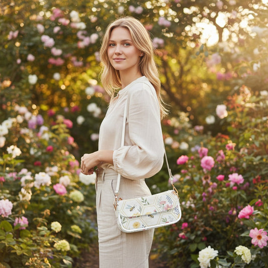 Honeybee Garden Shoulder Bag – Floral Bee Print Crossbody Purse