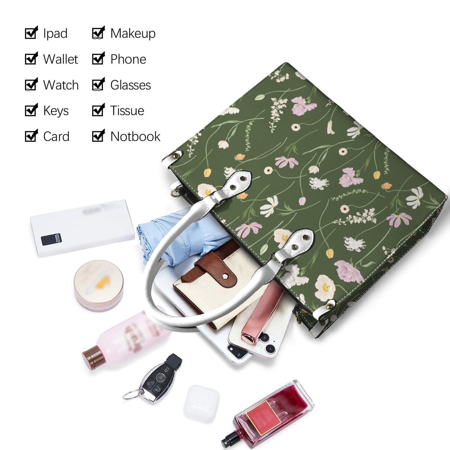 Emerald Flutter - Floral Vegan Leather Tote Bag: Crossbody Shoulder Handbag