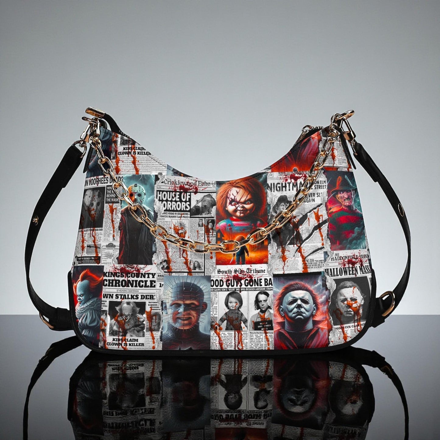 Horror Gazette Crossbody Bag: PU Leather Shoulder Bag with Chain, Halloween