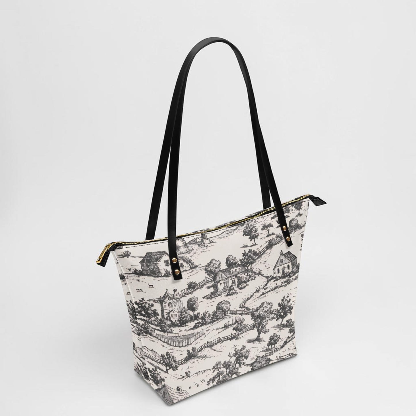 Tote bag with black and white pattern on a light gray background