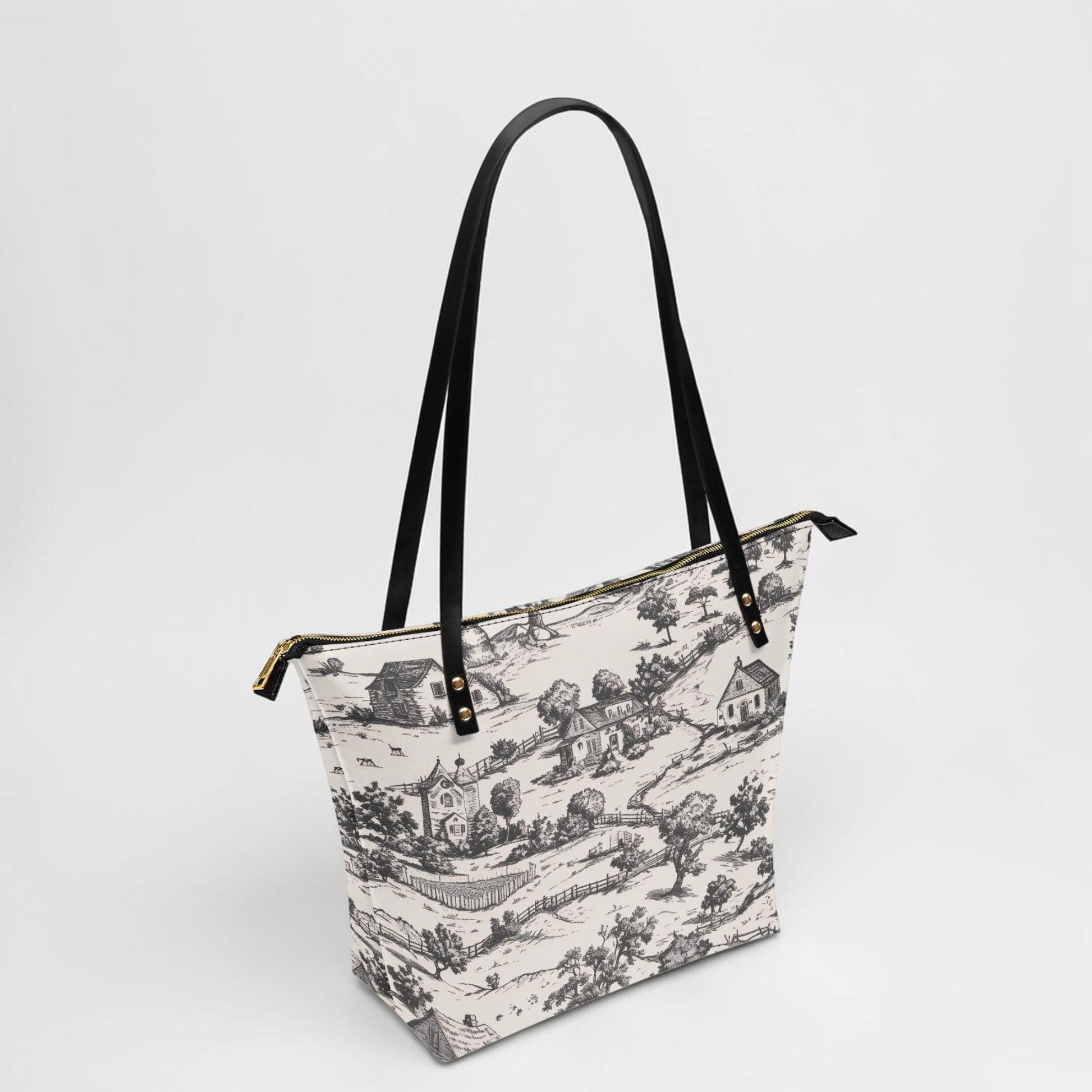 Tote bag with black and white pattern on a light gray background