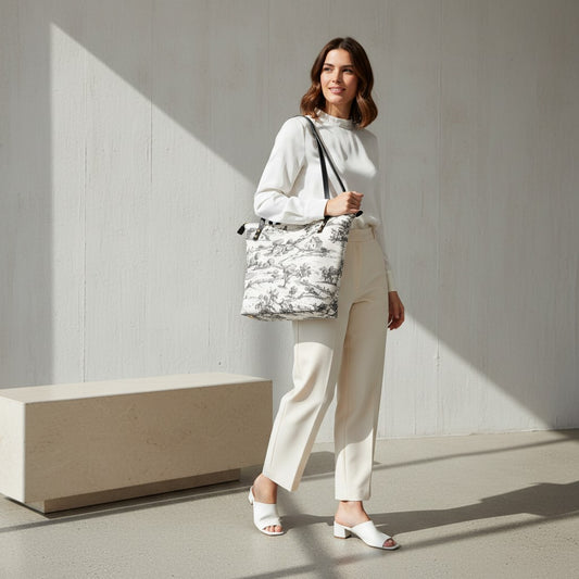 Woman holding a patterned bag in a minimalistic setting