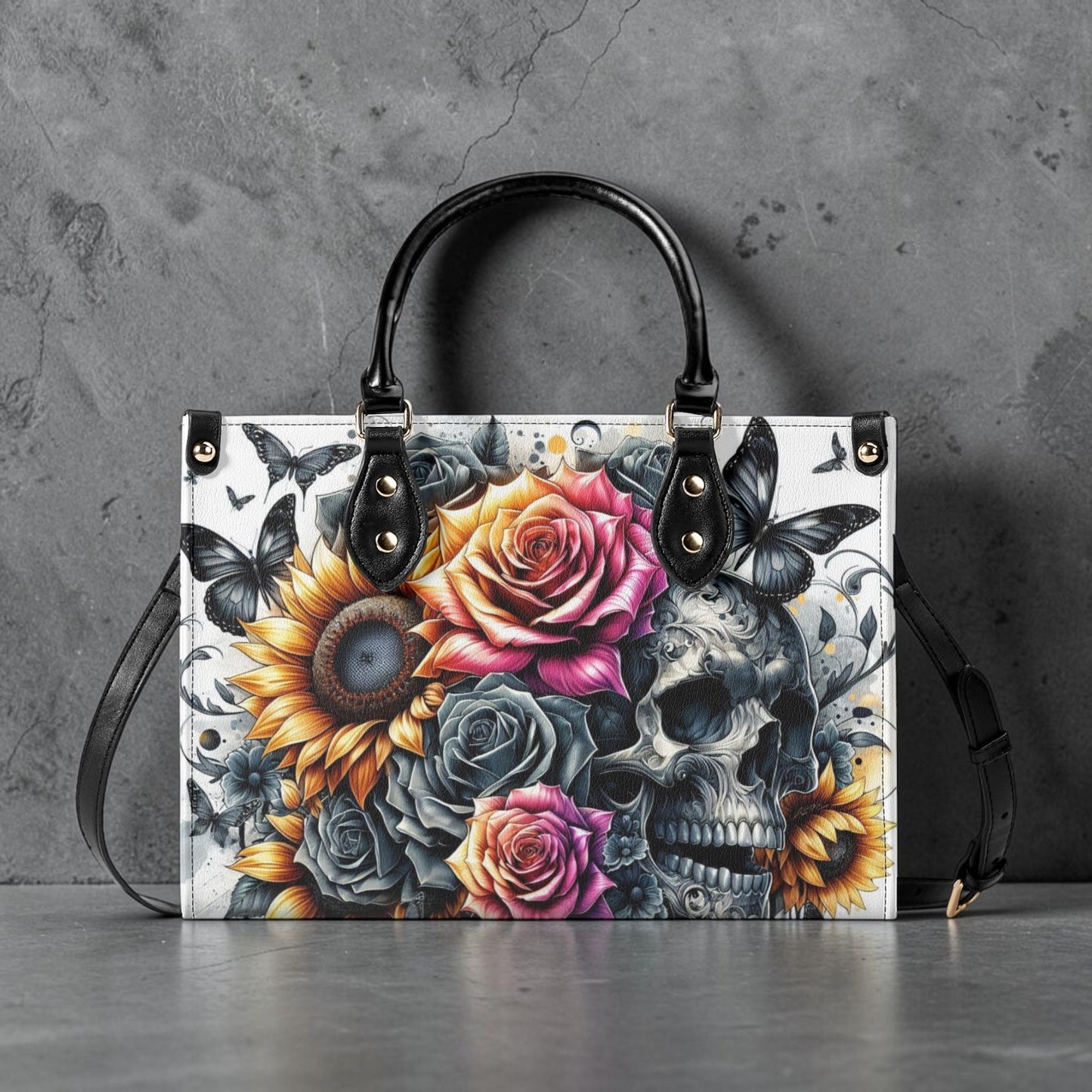 Gothic Skull Floral Tote Bag