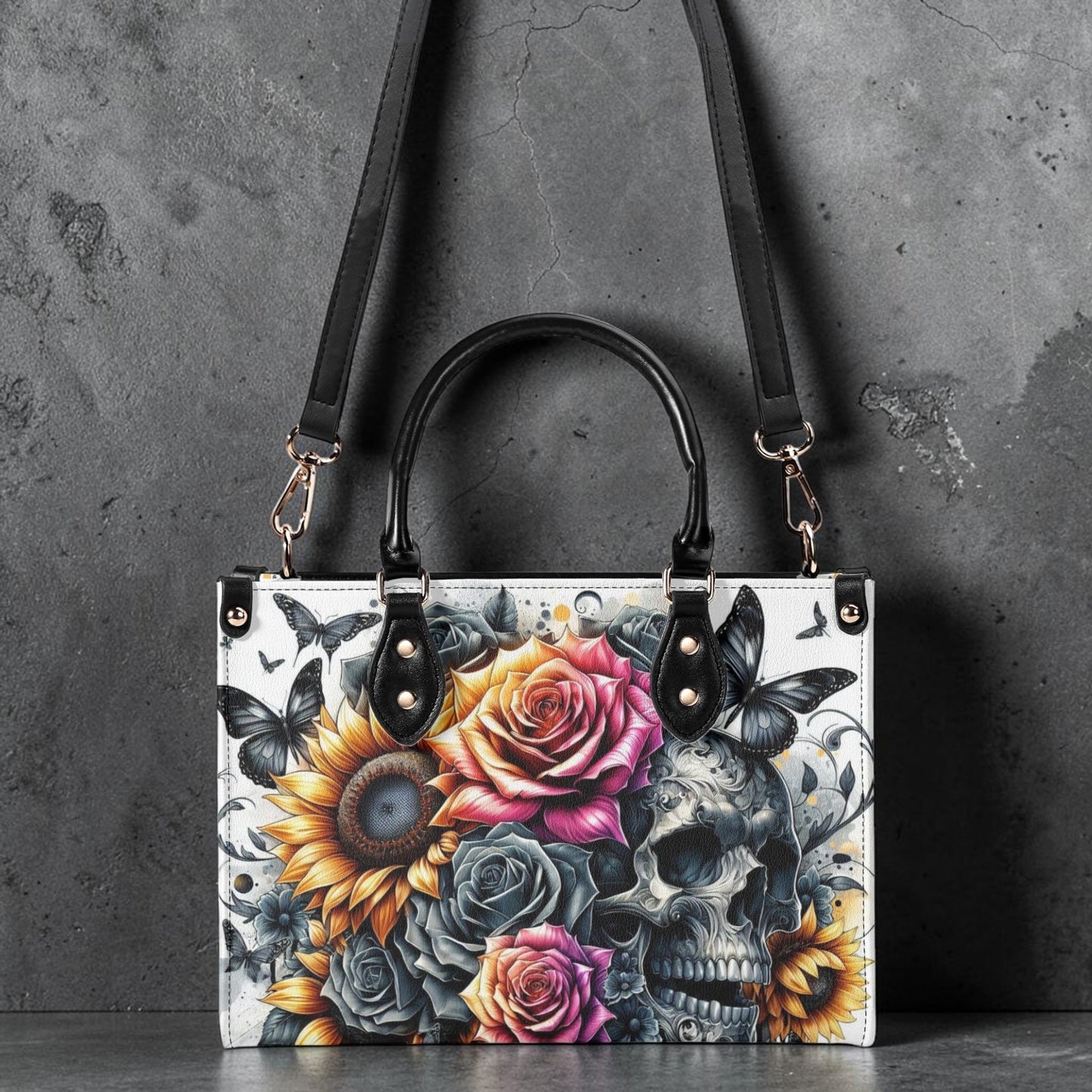 Gothic Skull Floral Tote Bag