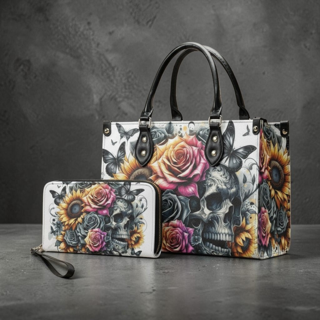 Gothic Skull Floral Tote Bag