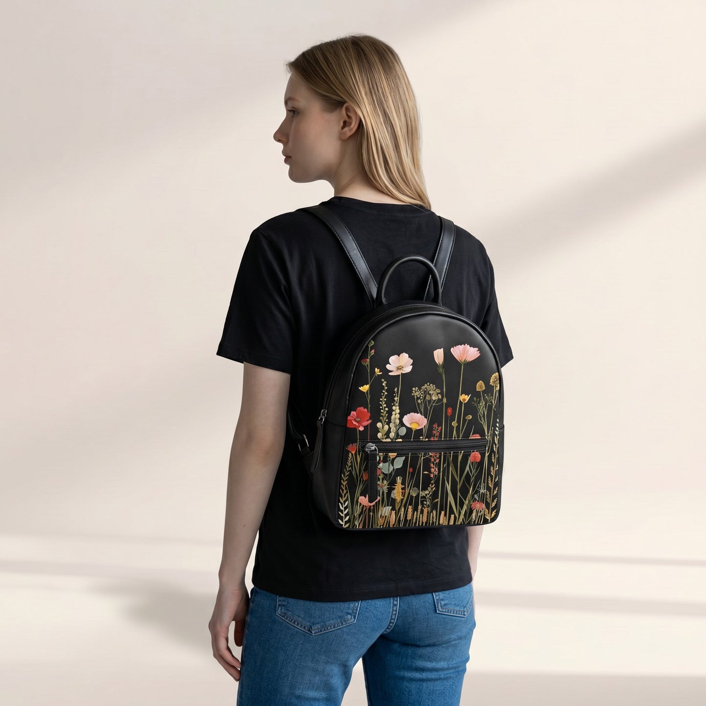 Enchanting Meadow PU Leather Backpack: Floral Design