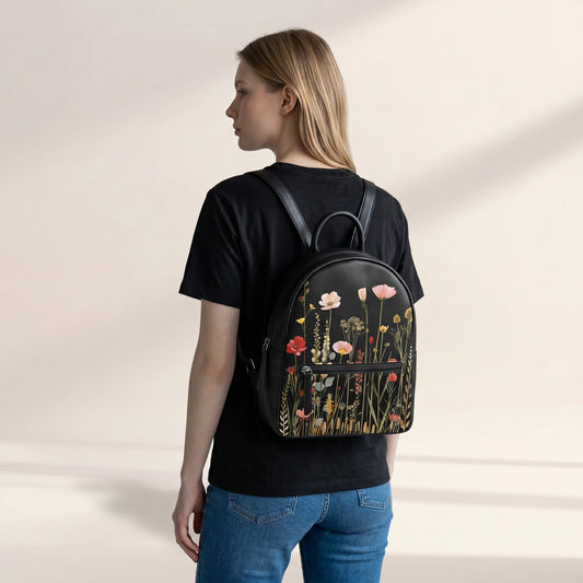 Enchanting Meadow PU Leather Backpack: Floral Design