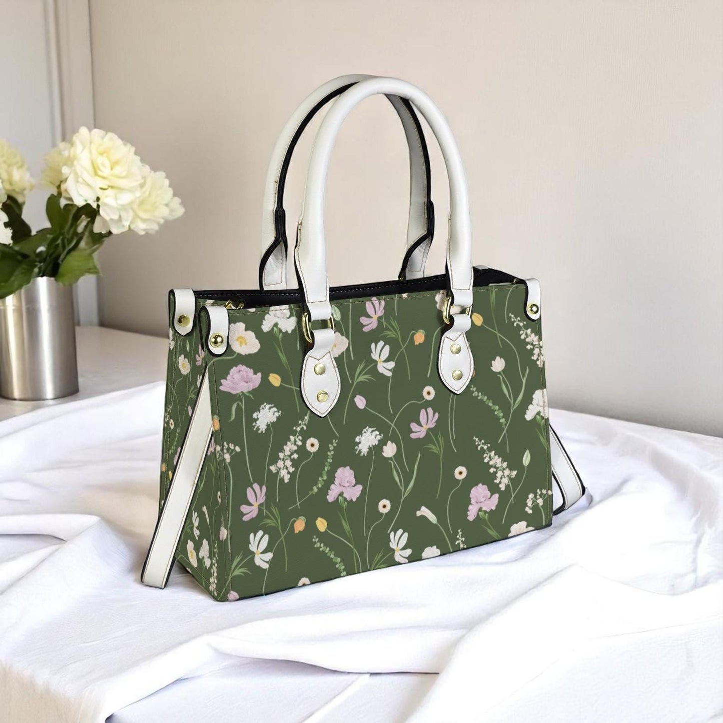 Emerald Flutter - Floral Vegan Leather Tote Bag: Crossbody Shoulder Handbag