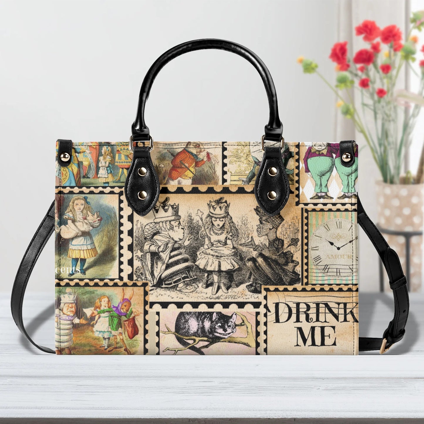 Alice in Wonderland Stamp Handbag: Vintage Style PU Leather Purse