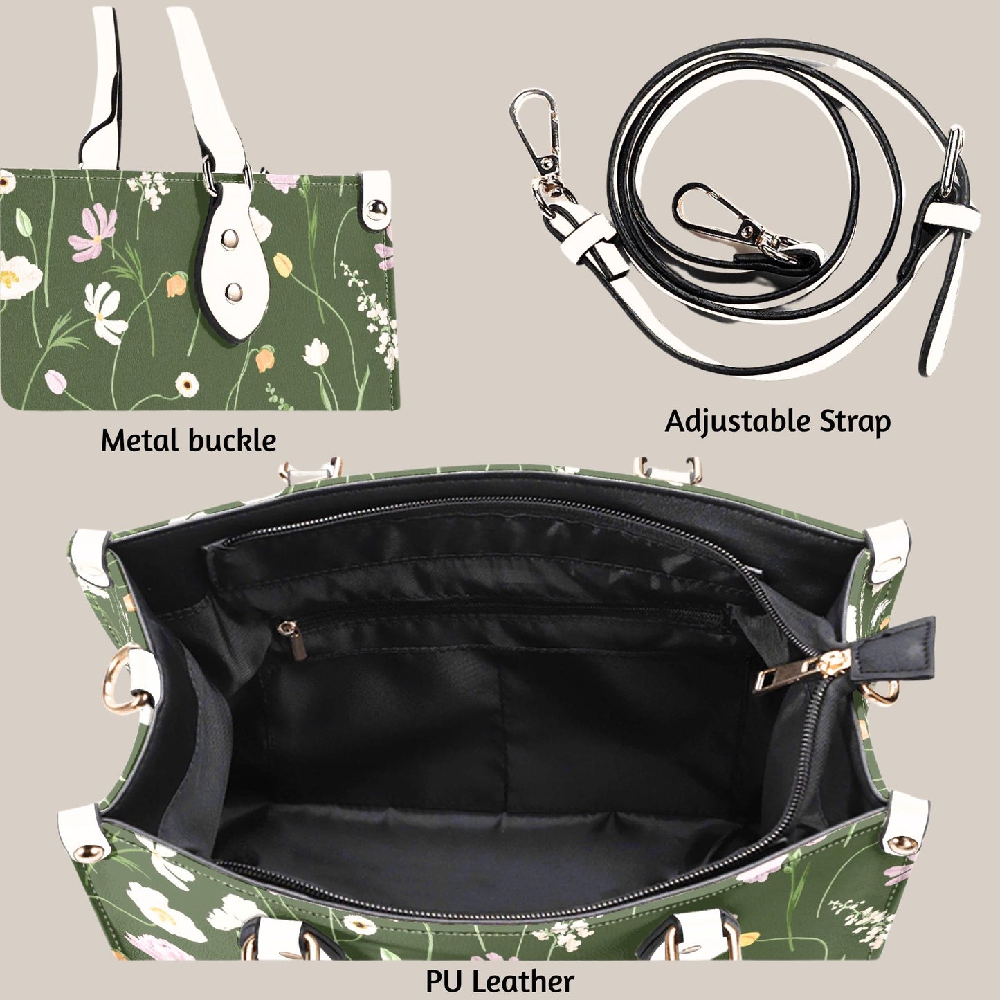 Emerald Flutter - Floral Vegan Leather Tote Bag: Crossbody Shoulder Handbag