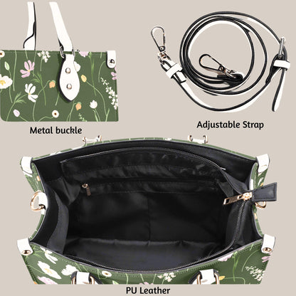 Emerald Flutter - Floral Vegan Leather Tote Bag: Crossbody Shoulder Handbag