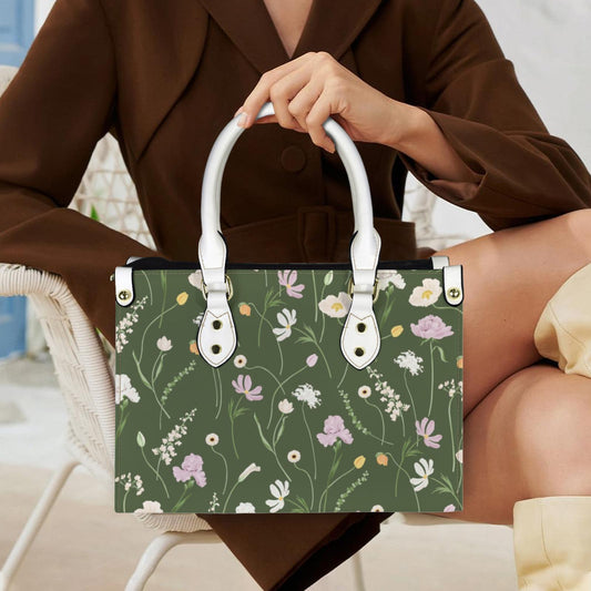 Emerald Flutter - Floral Vegan Leather Tote Bag: Crossbody Shoulder Handbag