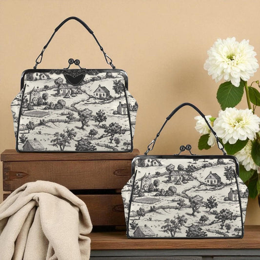 Noir Echo Toile de Jouy Kisslock Handbag: Vintage-Inspired Top Handle Crossbody