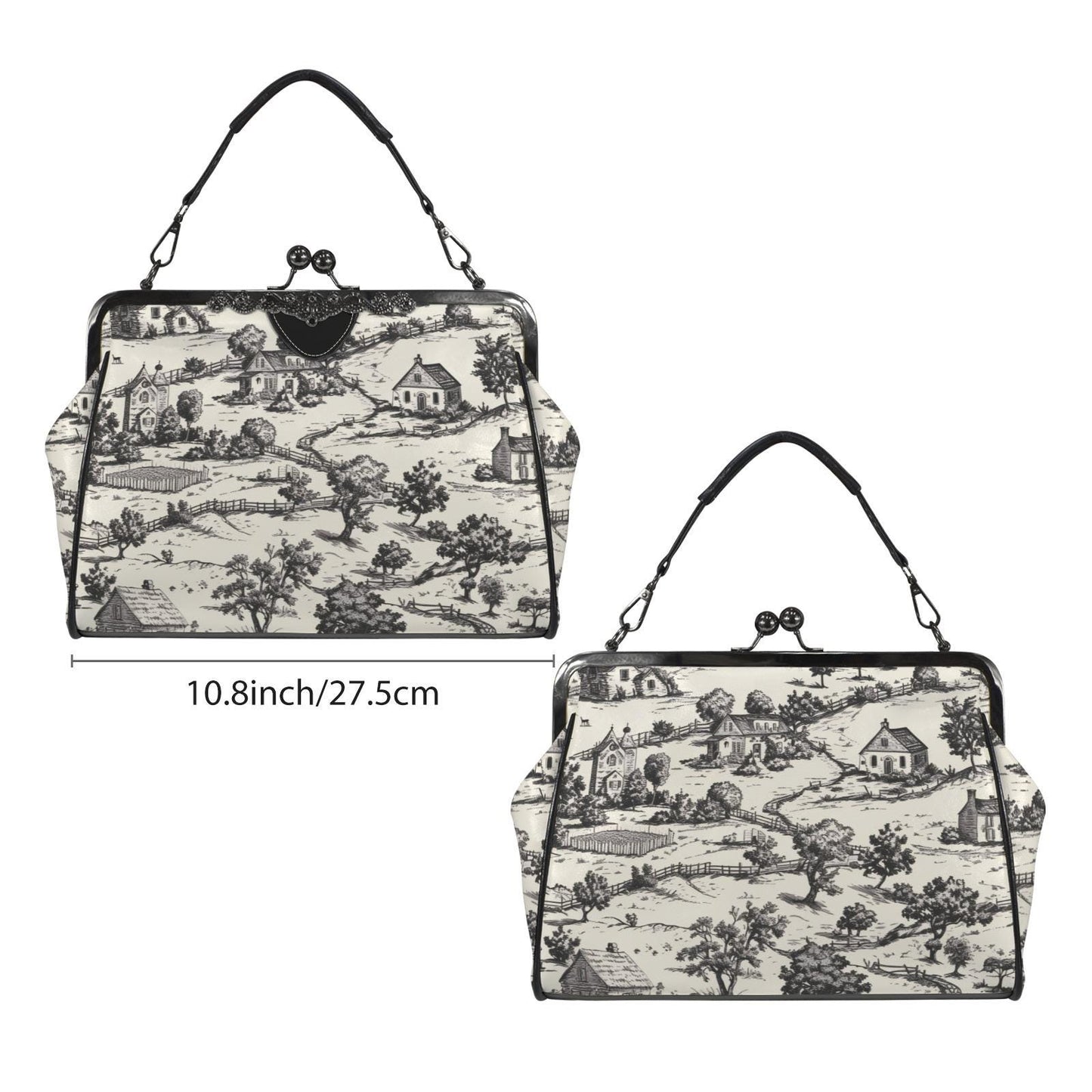 Noir Echo Toile de Jouy Kisslock Handbag: Vintage-Inspired Top Handle Crossbody