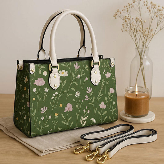 Emerald Flutter - Floral Vegan Leather Tote Bag: Crossbody Shoulder Handbag