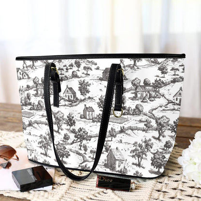 Noir Echo - Toile-de-jouy Vegan Leather Tote Bag: Custom Shoulder Bag