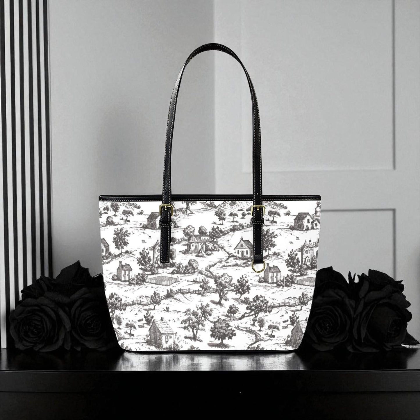 Noir Echo - Toile-de-jouy Vegan Leather Tote Bag: Custom Shoulder Bag