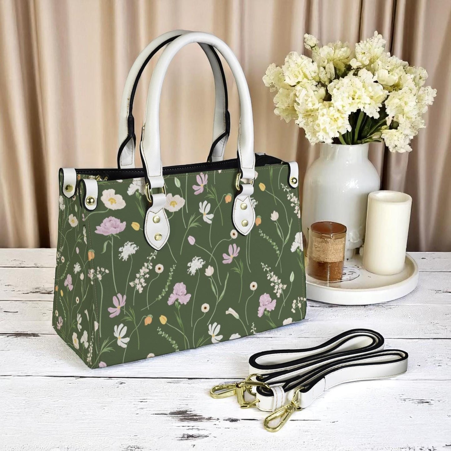 Emerald Flutter - Floral Vegan Leather Tote Bag: Crossbody Shoulder Handbag