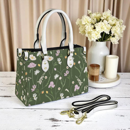 Emerald Flutter - Floral Vegan Leather Tote Bag: Crossbody Shoulder Handbag