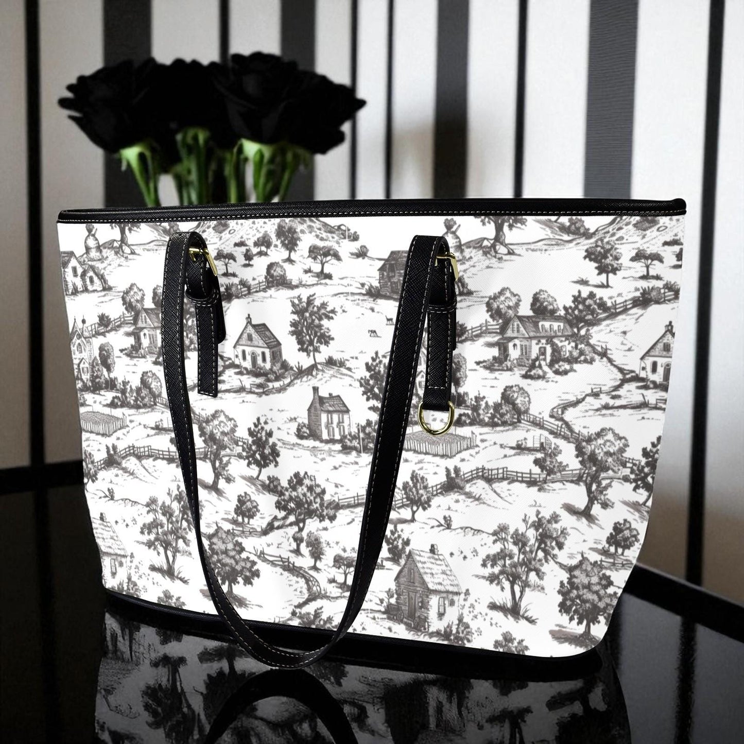 Noir Echo - Toile-de-jouy Vegan Leather Tote Bag: Custom Shoulder Bag