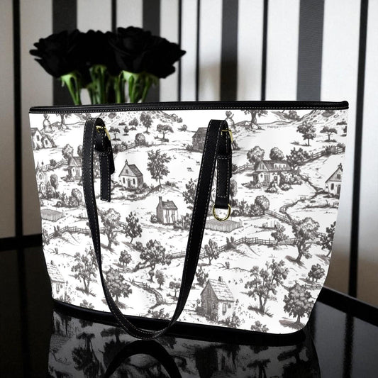 Noir Echo - Toile-de-jouy Vegan Leather Tote Bag: Custom Shoulder Bag