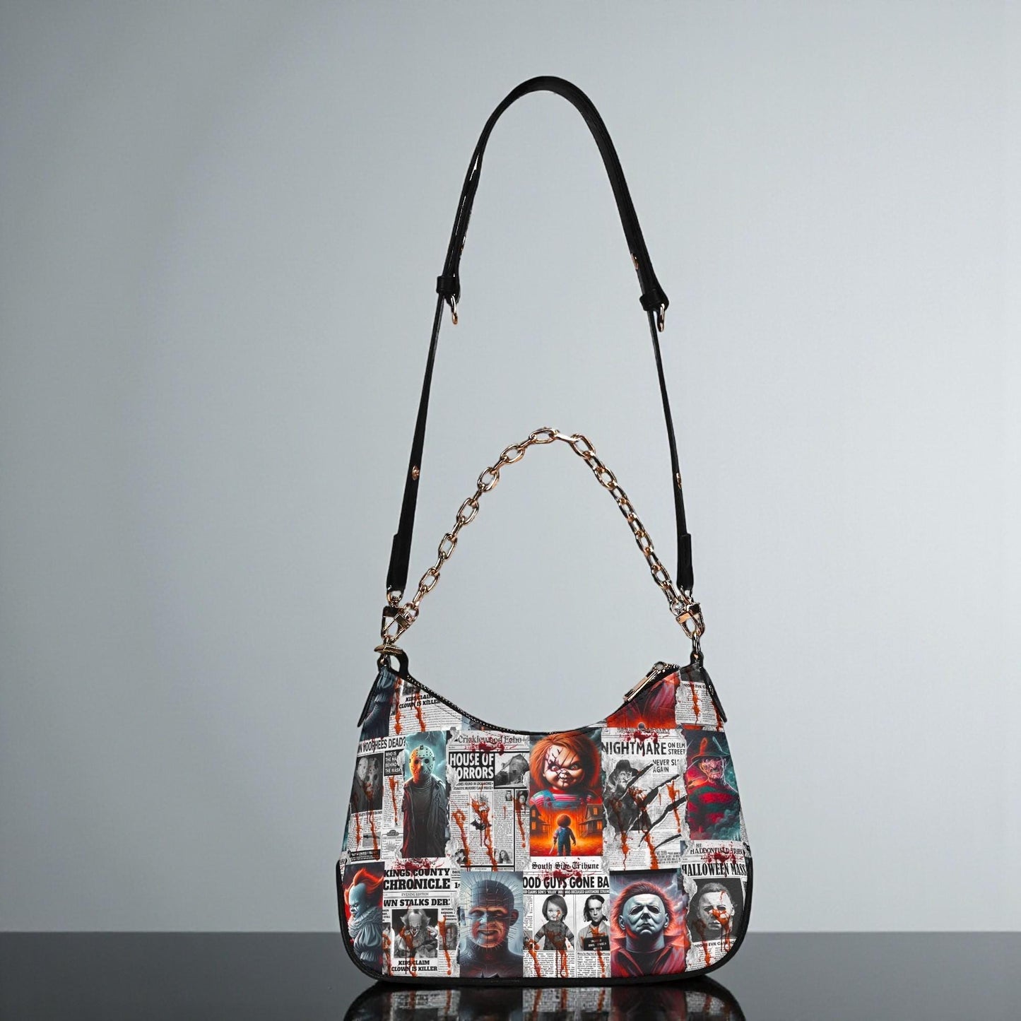 Horror Gazette Crossbody Bag: PU Leather Shoulder Bag with Chain, Halloween