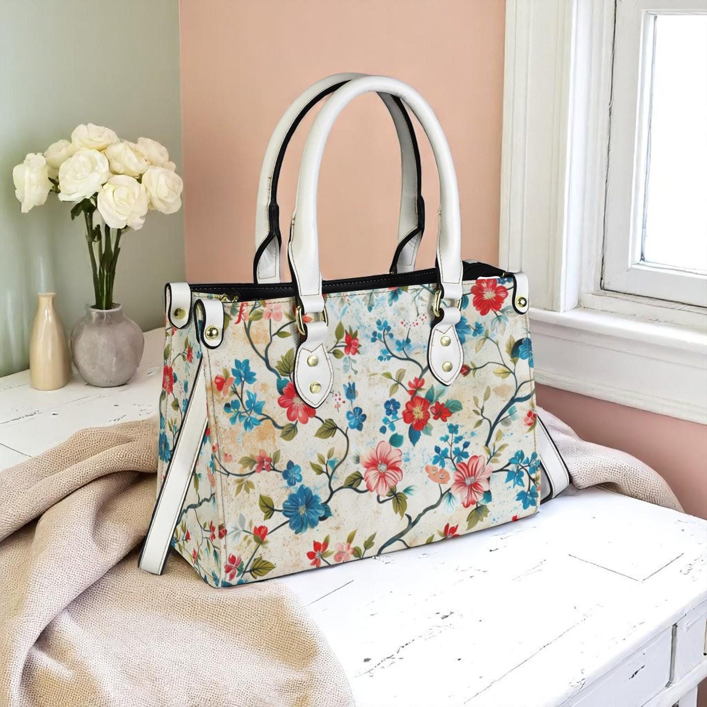 Blossom Bound-Floral Vegan Leather Tote Bag: Blossom Print Crossbody Handbag