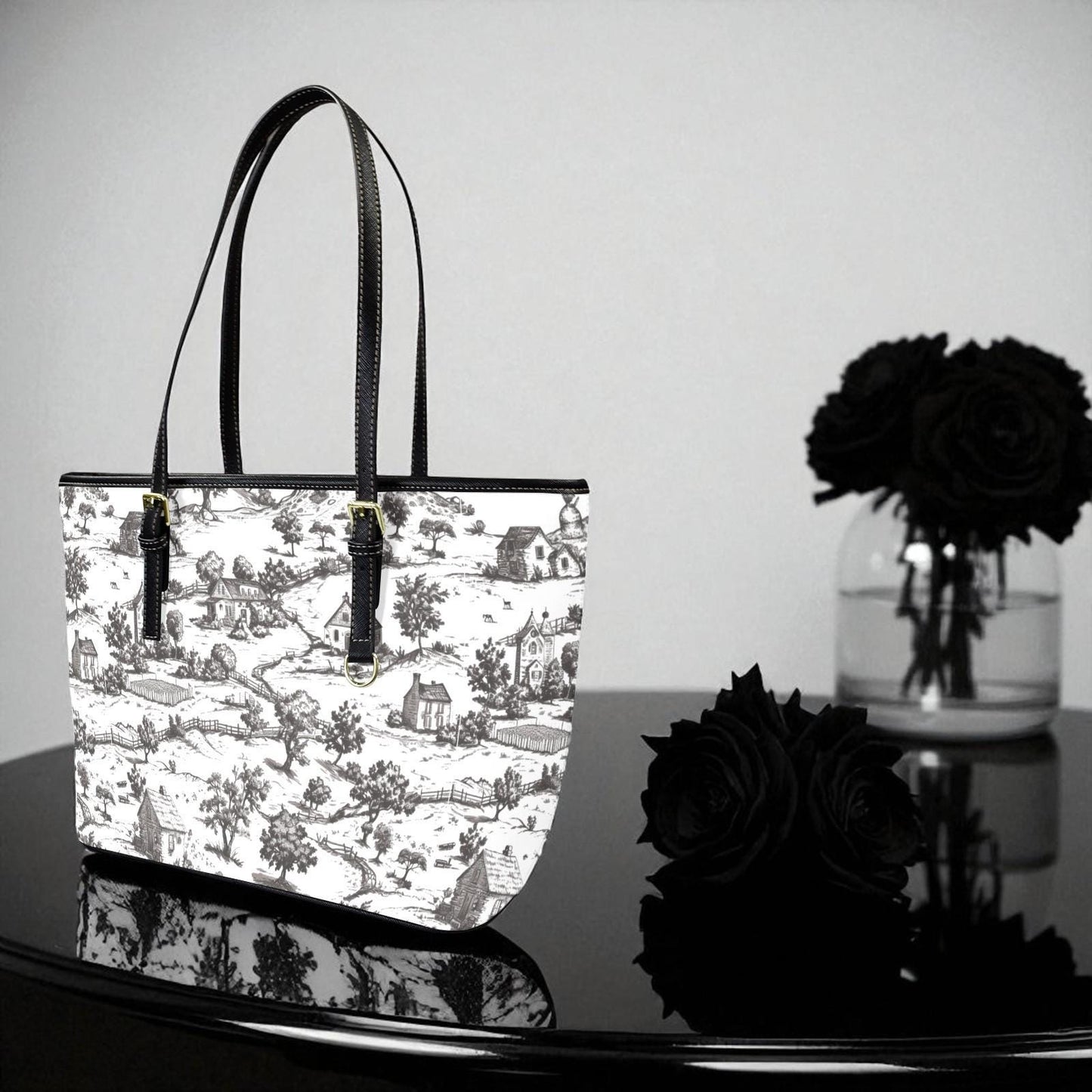 Noir Echo - Toile-de-jouy Vegan Leather Tote Bag: Custom Shoulder Bag