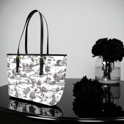 Noir Echo - Toile-de-jouy Vegan Leather Tote Bag: Custom Shoulder Bag