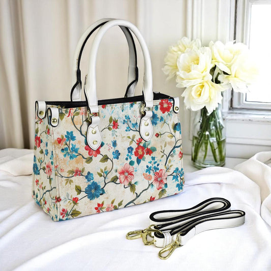 Blossom Bound-Floral Vegan Leather Tote Bag: Blossom Print Crossbody Handbag