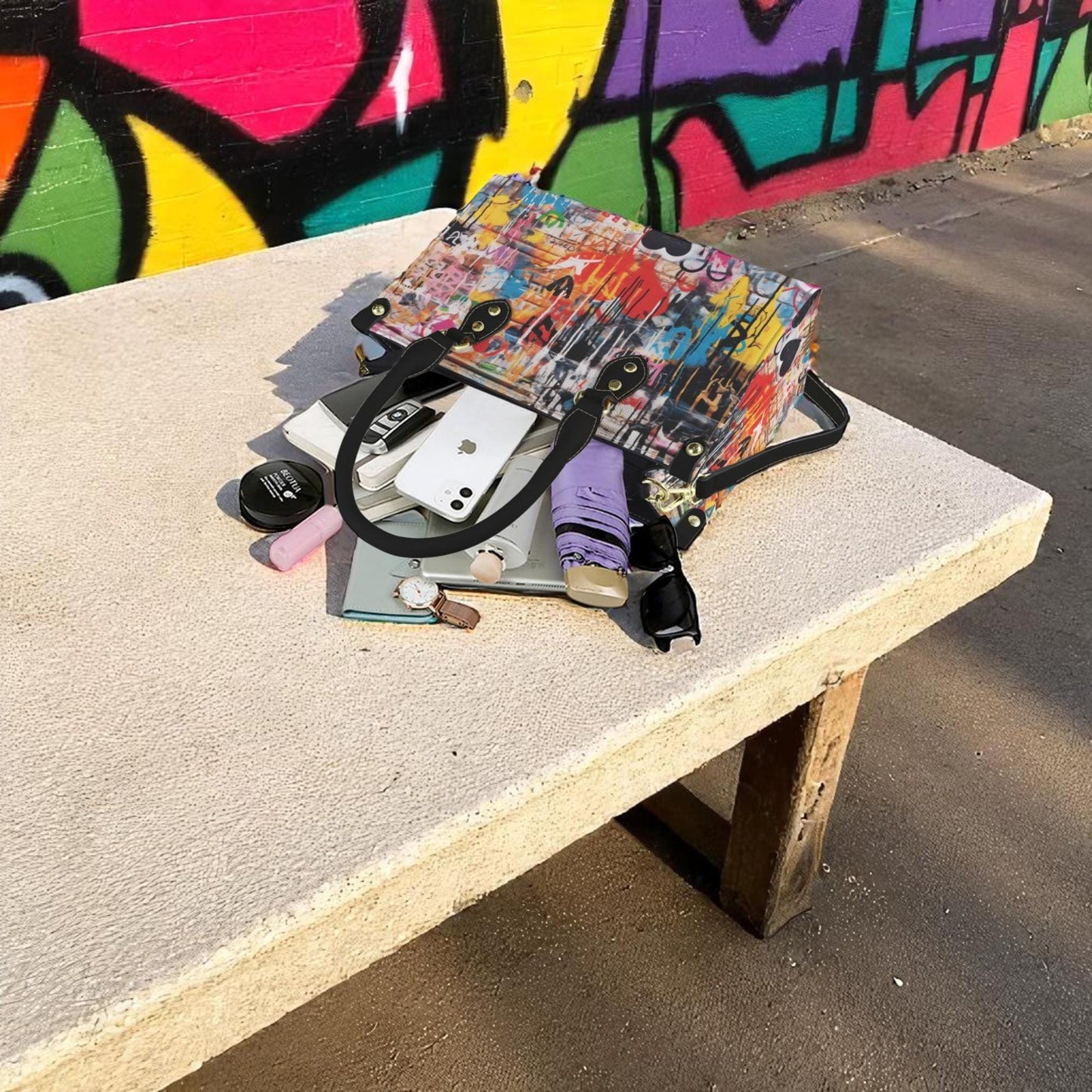 Street Canvas - Graffiti Art Vegan Leather Handbag: Trendy Top Handle Bag