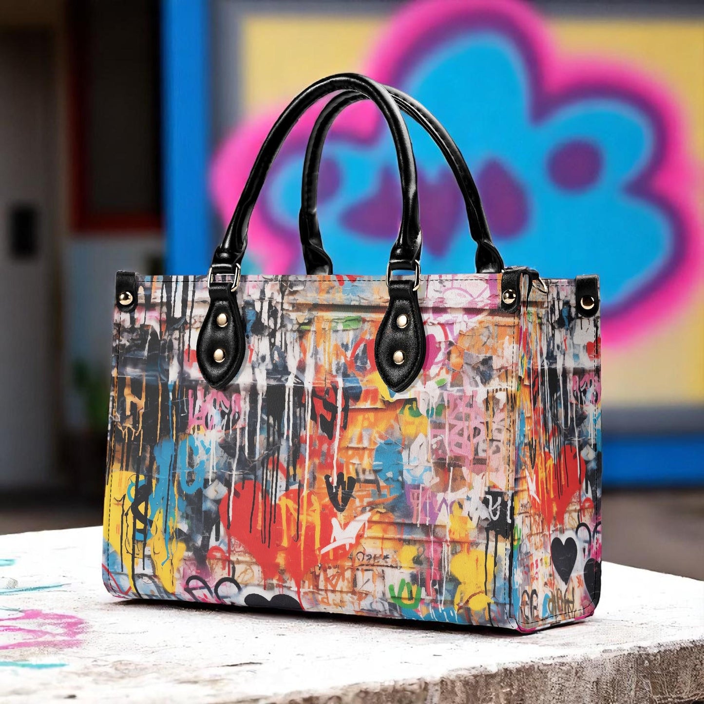 Street Canvas - Graffiti Art Vegan Leather Handbag: Trendy Top Handle Bag