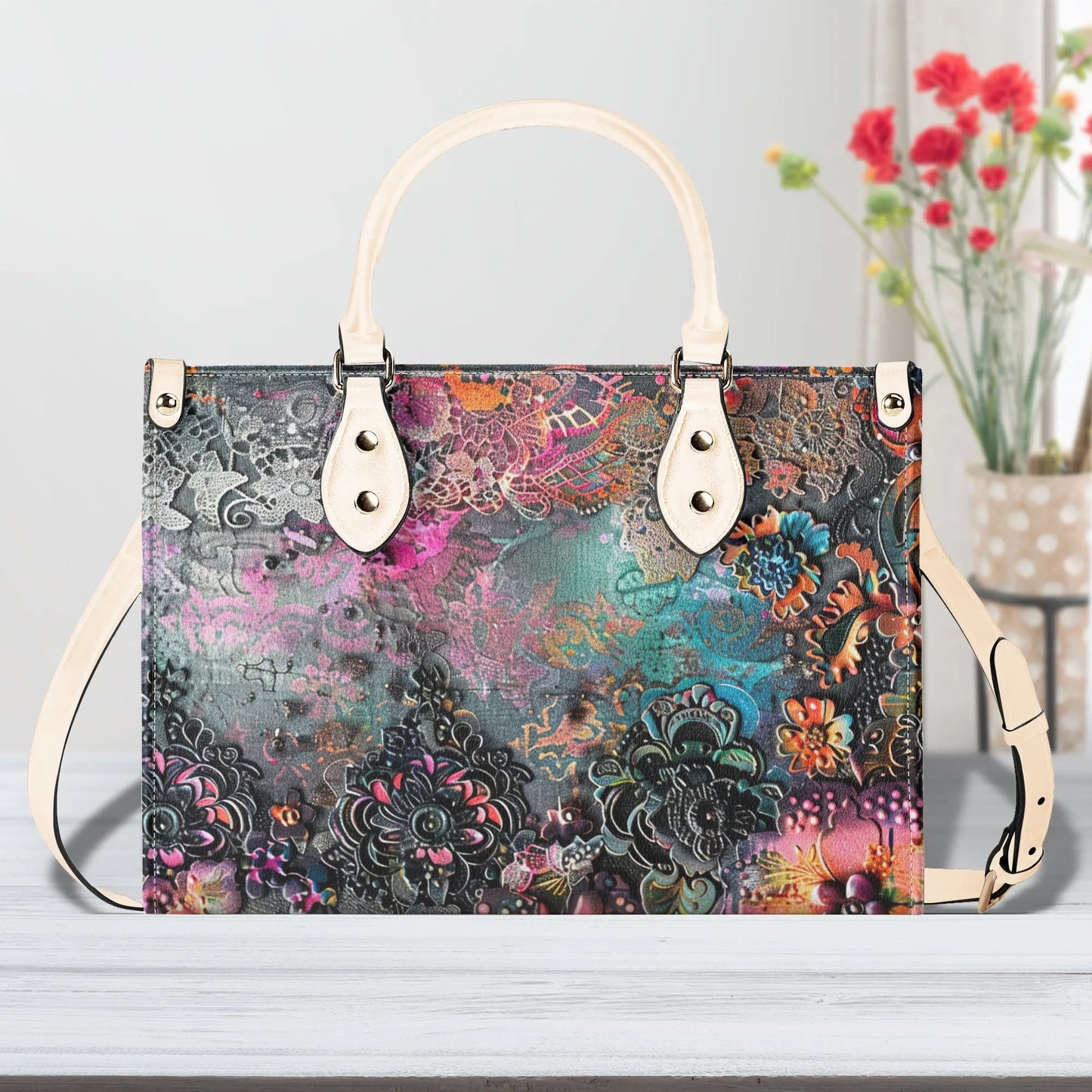Dark Enchantment Floral Tote: Vegan Leather HandbagTop-Handle Bag