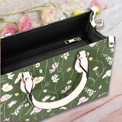 Emerald Flutter - Floral Vegan Leather Tote Bag: Crossbody Shoulder Handbag