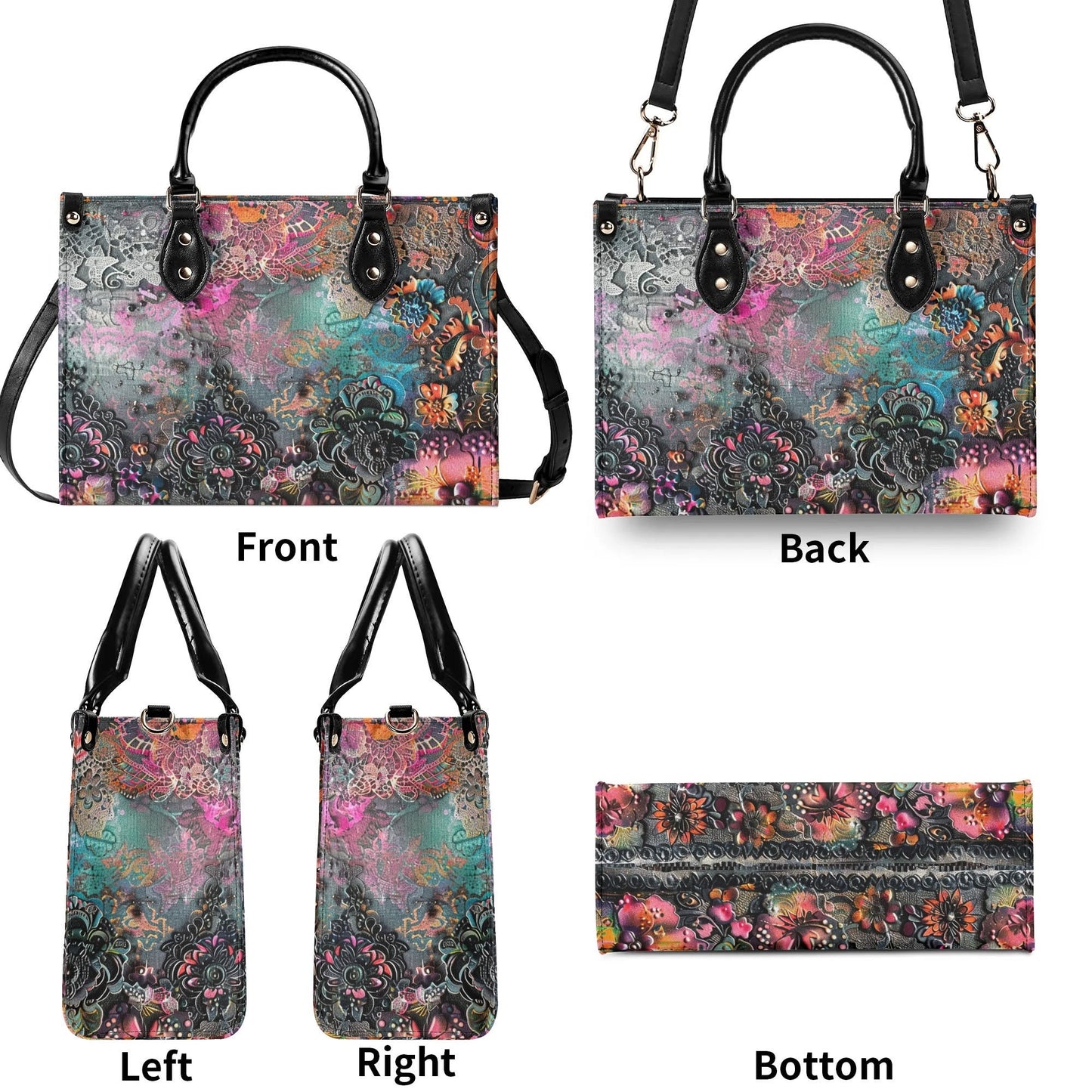 Dark Enchantment Floral Tote: Vegan Leather HandbagTop-Handle Bag