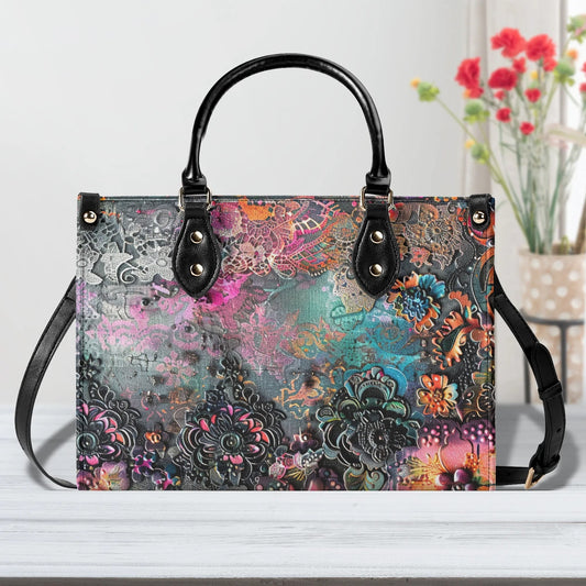 Dark Enchantment Floral Tote: Vegan Leather HandbagTop-Handle Bag