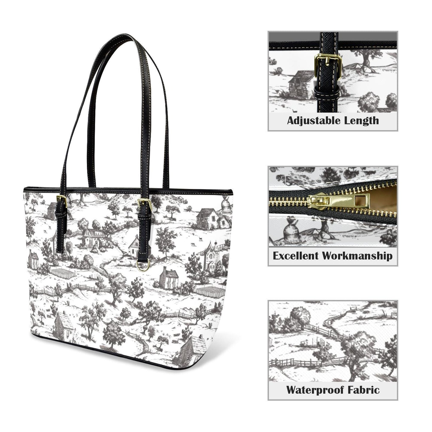 Noir Echo - Toile-de-jouy Vegan Leather Tote Bag: Custom Shoulder Bag