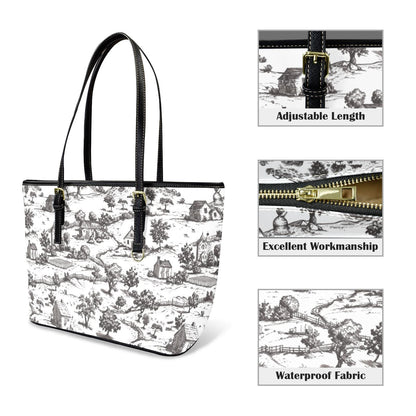 Noir Echo - Toile-de-jouy Vegan Leather Tote Bag: Custom Shoulder Bag
