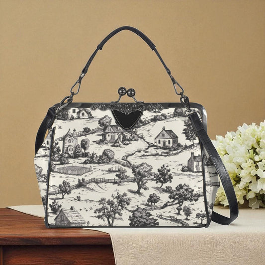 Noir Echo Toile de Jouy Kisslock Handbag: Vintage-Inspired Top Handle Crossbody