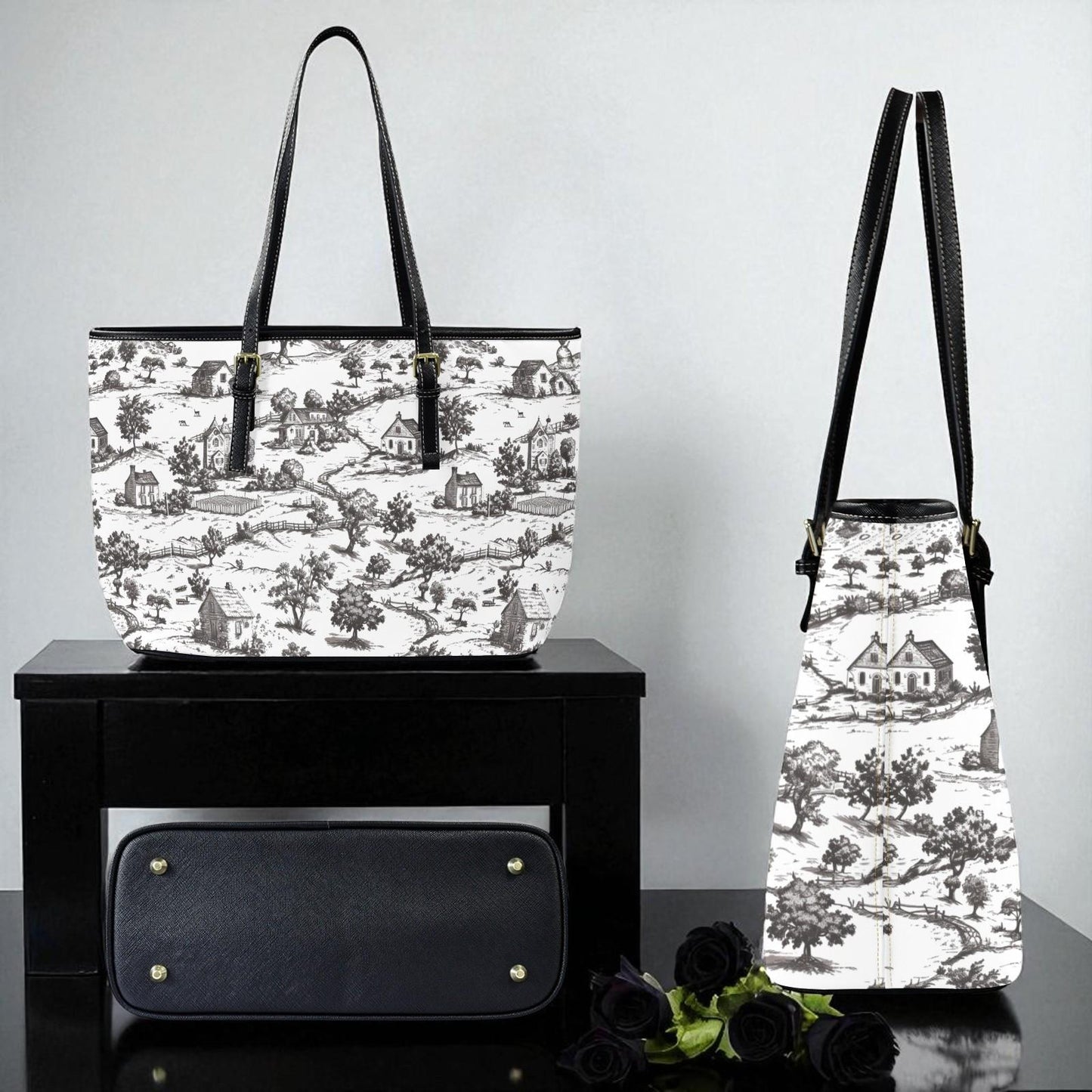 Noir Echo - Toile-de-jouy Vegan Leather Tote Bag: Custom Shoulder Bag