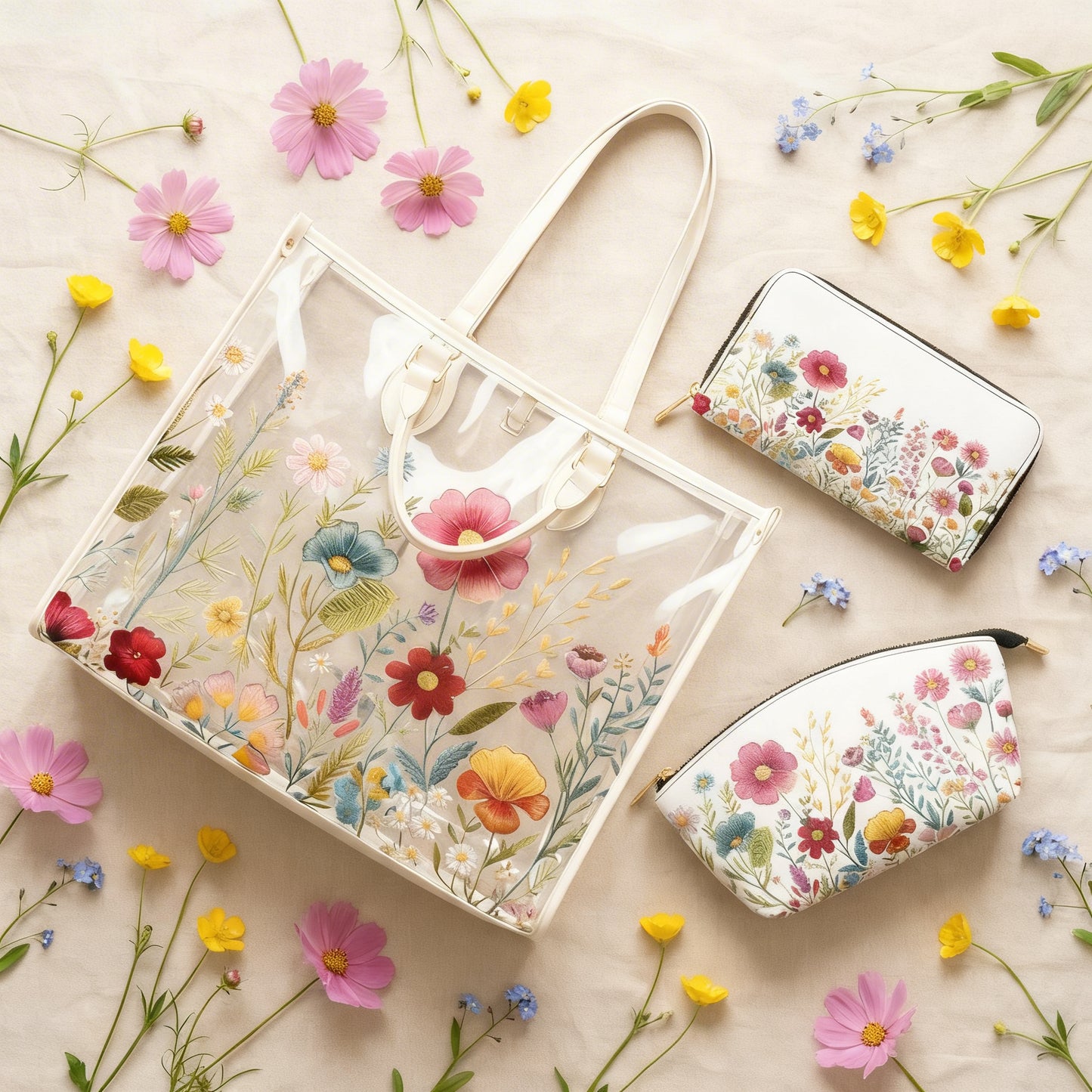Floral-patterned handbag, wallet, and pouch on a beige background with flowers.