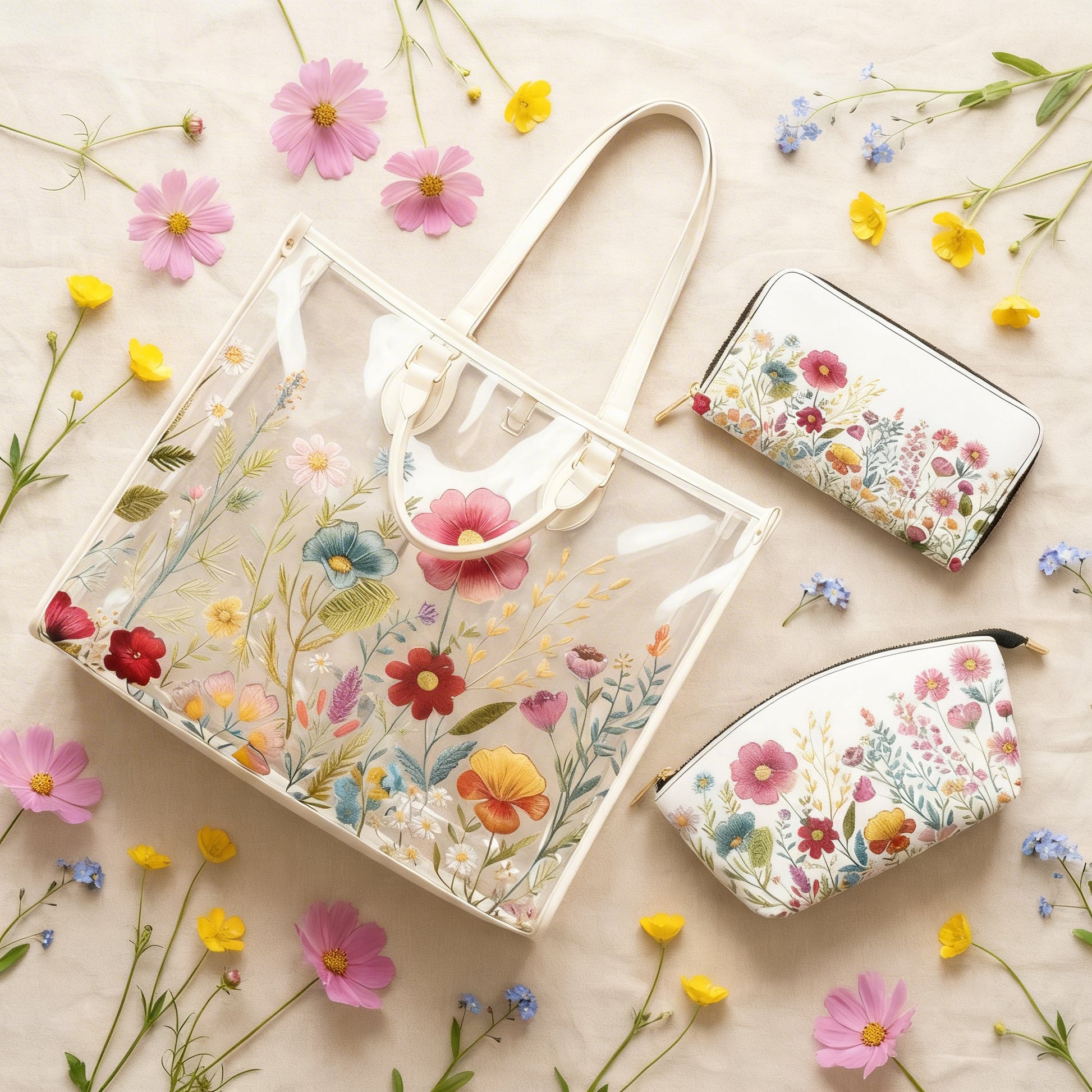 Floral-patterned handbag, wallet, and pouch on a beige background with flowers.