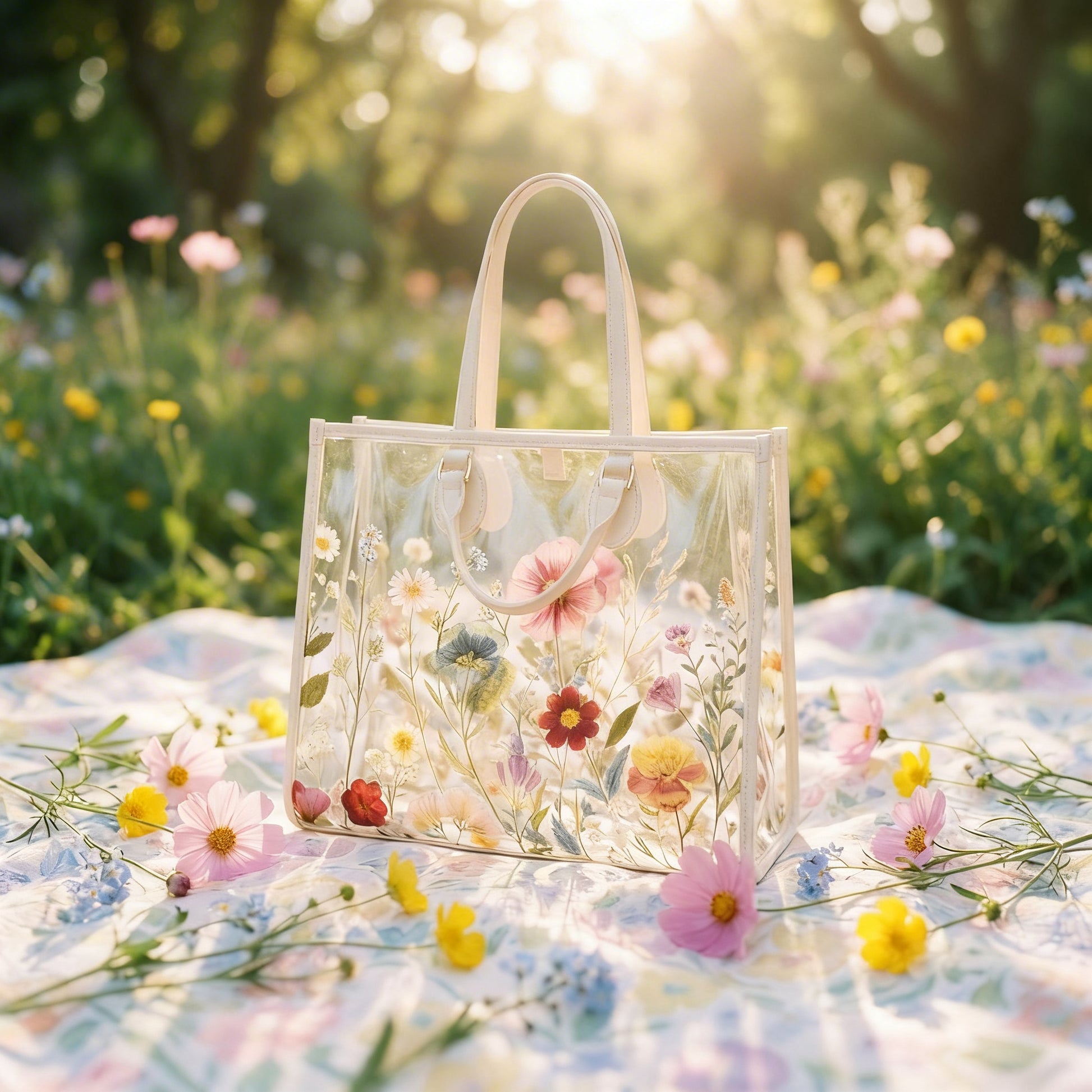 Transparent handbag with floral designs on a grassy field with flowers