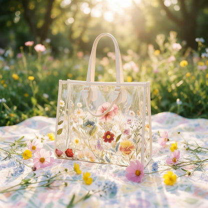 Transparent handbag with floral designs on a grassy field with flowers