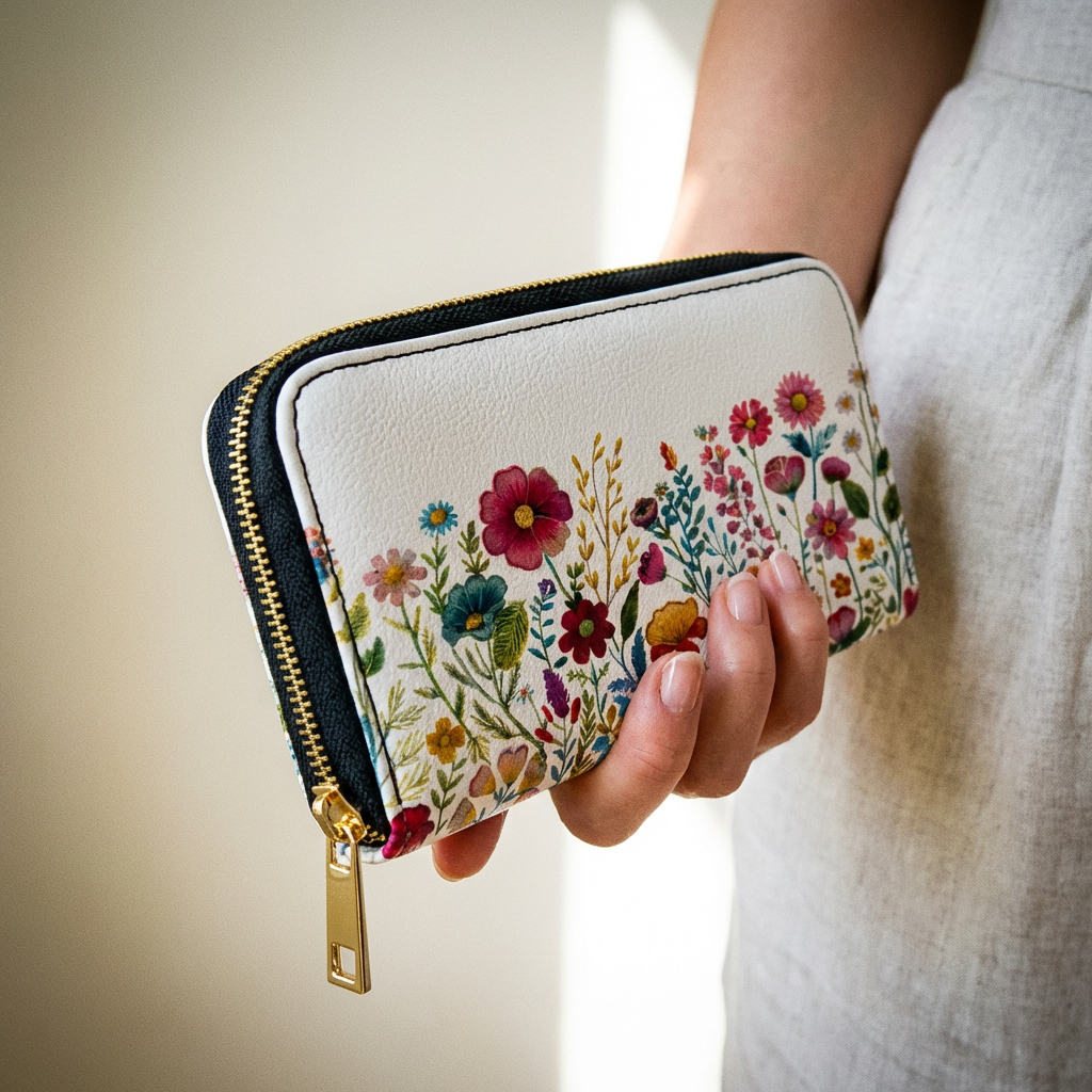Hand holding a floral-patterned wallet against a neutral background