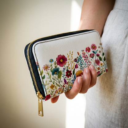 Hand holding a floral-patterned wallet against a neutral background