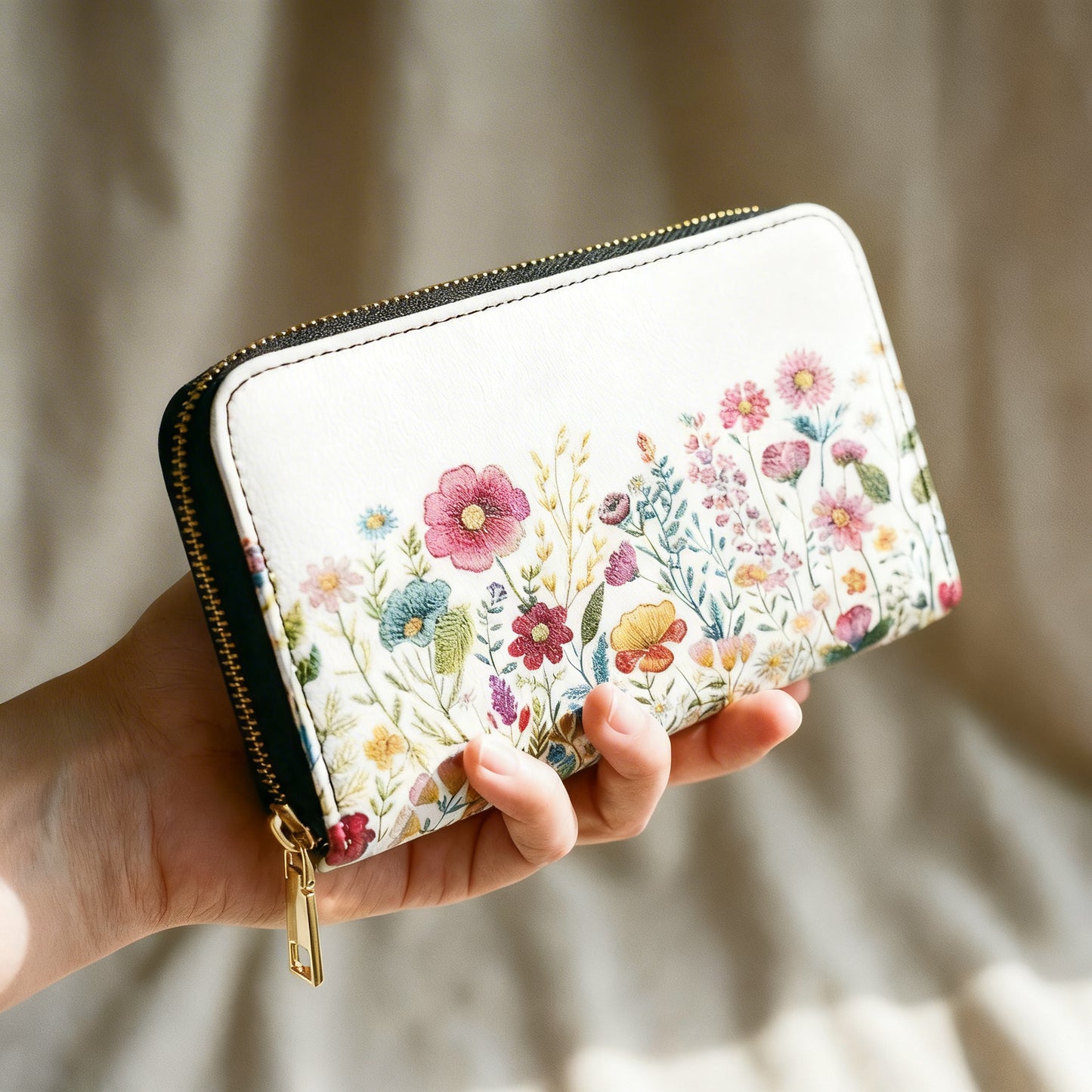 Hand holding a floral embroidered wallet against a neutral background